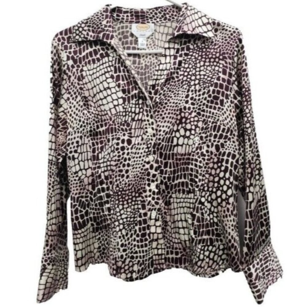 Talbots Womens Top Petite 8 Brown Silk Snakeskin Stretch Long sleeve Office Work